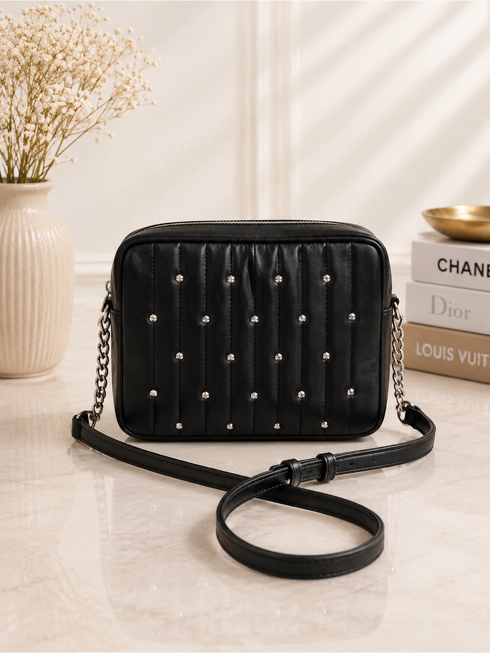 Kate Spade Black Quilted Leather Crossbody Bag Rhinestone Studded Chain Strap